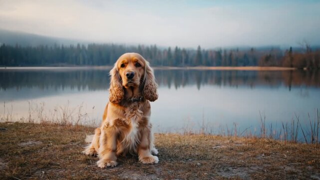 Golden cocker spaniel sitting near a calm lake with a forest in the background on a cloudy day dog video