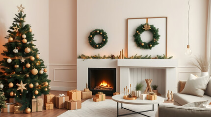 Elegant living room interior decorated for Christmas featuring a beautiful tree, gift boxes, and a warm cozy fireplace