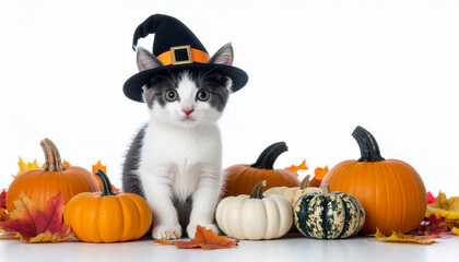 Kitten dressed for Halloween in a witch's hat surrounded by pumpkins and colorful fall leaves makes a cute festive design for cards and seasonal greetings
