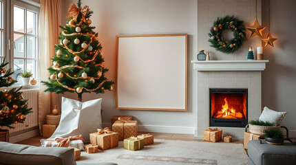 Cozy Christmas Living Room with Fireplace and Gifts, Perfect for Holiday Greetings and New Year Celebrations
