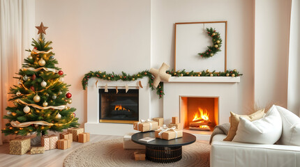 Cozy Christmas Living Room with Decorated Fireplaces, Gifts, and a Lit Tree