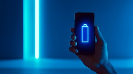 Fototapeta premium Hand holding smartphone with battery icon in blue neon light.