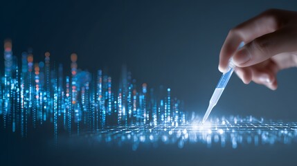 Hand holding pipette over glowing abstract city grid, representing data analysis and scientific innovation.
