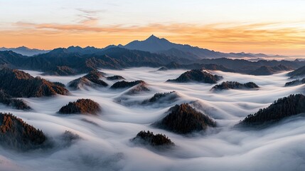 Fototapeta premium A breathtaking aerial view of rolling mountain ranges partially submerged in a thick, ethereal sea of clouds. The peaks are covered in dark green forests, and t