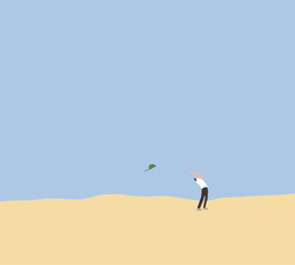 Green cap blew away on blue sky from man head standing on desert. Nature outdoor lifestyle. 