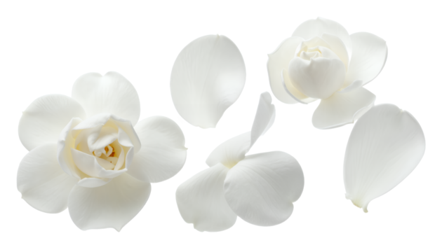 Delicate white gardenia petals and buds captured in a pristine studio setting, showcasing natural beauty and floral elegance