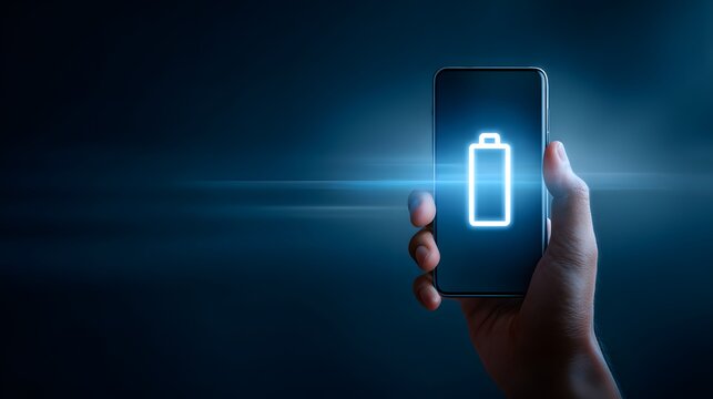 Hand holding smartphone with glowing battery icon on dark background, symbolizing charging and power.
