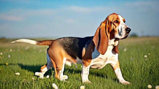 Basset hound standing in a field of flowers under a bright blue sky on a sunny day outdoors dog video