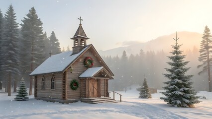 Christmas Serenity A Cozy Church Scene Amidst the Winter Wonderland,Snowy Evergreens, Peace and Joy of Festive Season