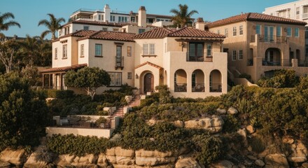 Obraz premium Mediterranean style house on cliff with greenery, ocean view