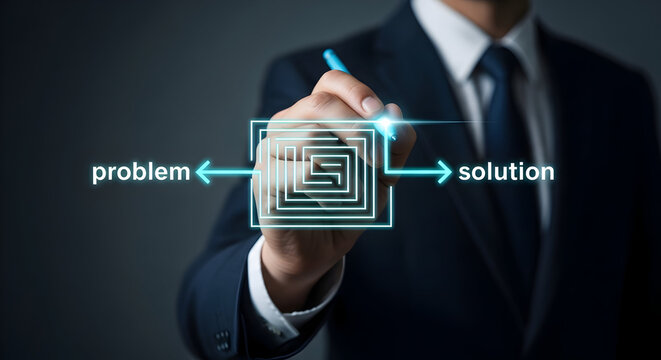 Businessman Drawing Path from Problem to Solution &ndash; Problem Solving, Strategy & Business Solution Concept