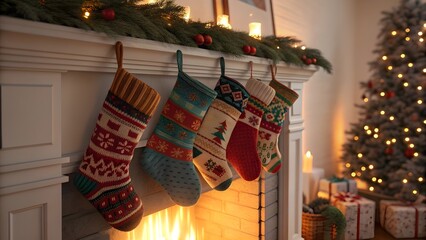 Festive Fireplace Christmas Stockings Hanging Cheerfully over a Warm Hearth during the Christmas Holiday Season