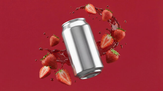 Refreshing strawberry soda concept featuring a silver can surrounded by splashing juice and fresh strawberries against a vibrant red background, ideal for beverage advertising.