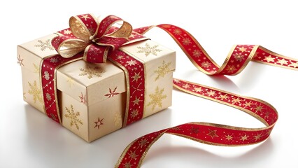 Christmas Elegance A Gold Gift Box Adorned with a Red and Gold Snowflake Ribbon for Holiday Cheer and Festive Celebrations