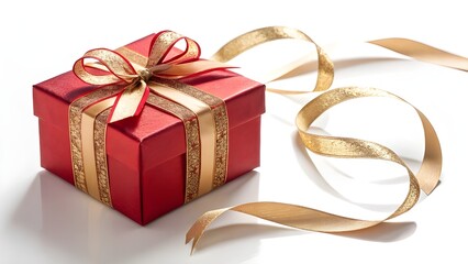 Festive Red Gift Box Tied with a Gold Ribbon, Perfect for Christmas Presents and Special Occasions, White Background