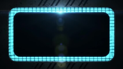 A cinematic sci-fi video clip featuring a glowing cyan segmented grid frame with a moving lens flare light effect, set against a dark industrial mechanical background. - Powered by Adobe