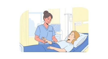 Nurse Caring for Patient in Hospital Bed in Medical Ward
