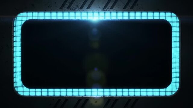 A cinematic sci-fi video clip featuring a glowing cyan segmented grid frame with a moving lens flare light effect, set against a dark industrial mechanical background.