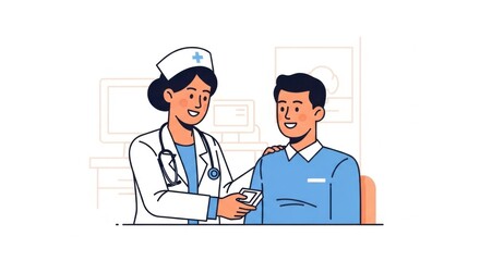 Medical Nurse and Patient Smiling in Clinic Waiting Room with Digital Tablet