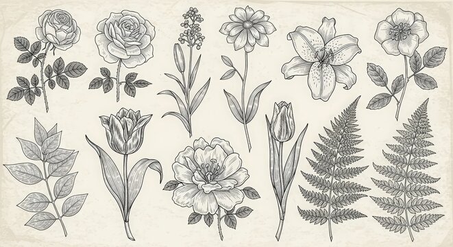 Elegant Vintage Botanical Engravings Collection Hand Drawn Flowers and Leaves Floral Art Set on