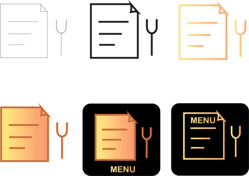 Modern flat and minimalist restaurant menu icon set with fork and knife symbols, offering various color styles for digital design and dining applications