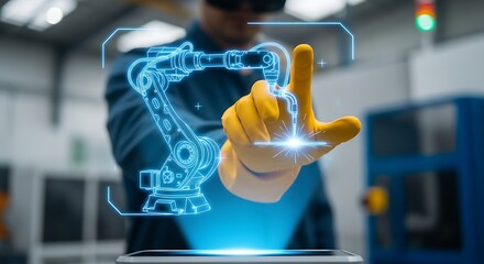 Engineer using augmented reality technology to interact with a holographic projection of an industrial robotic arm in a smart factory