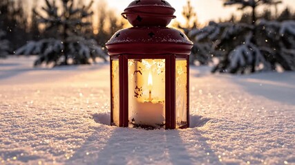 Warm Red Lantern with Flickering Candle in Sparkling Winter Snow Golden Sunset Illuminates a Peaceful Snowy Landscape Creating a Cozy Holiday Scene and Magical  - Powered by Adobe