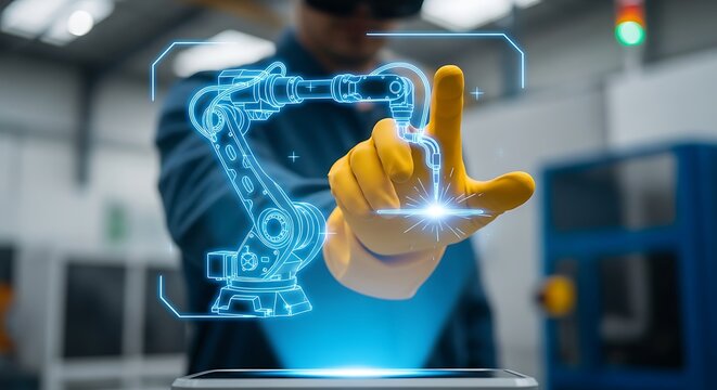 Engineer using augmented reality technology to interact with a holographic projection of an industrial robotic arm in a smart factory