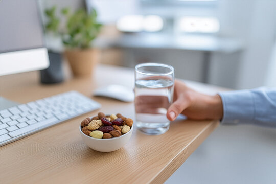 Healthy snack on work desk with drinking water