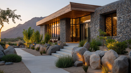 Luxury Residence at Sunset: A luxurious home is bathed in the golden hues of sunset. The building's architecture reflects a blend of modern design and natural elements.