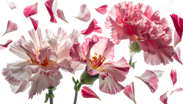 Close-up view of delicate pink and white carnation flowers with falling petals against a clean white background, a beautiful floral arrangement