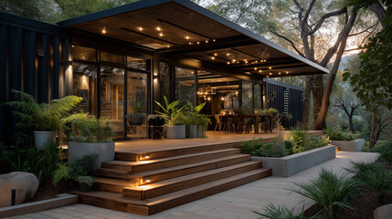 Obraz premium Modern Residence in Harmony: A contemporary house, seamlessly blending modern design with the surrounding natural beauty. The dwelling, framed by lush greenery, evokes a sense of tranquility.