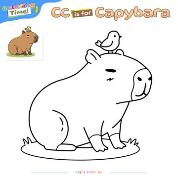 Capybara Coloring Page for Kids. Cute Cartoon Outline Drawing with Little Bird. Alphabet Letter C is for Capybara.