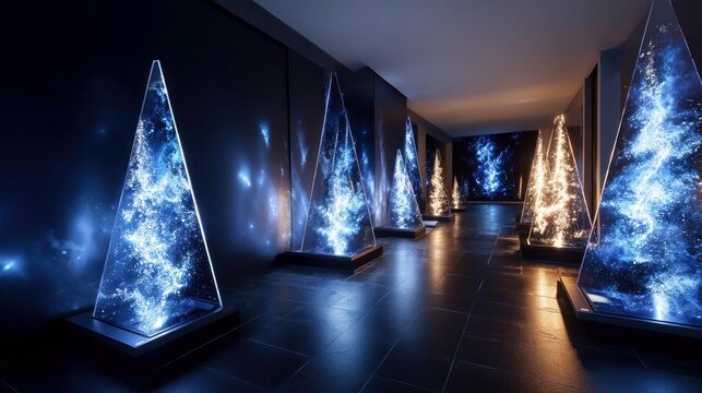 A dimly lit hallway features a series of tall, triangular glass sculptures. Inside each sculpture, a vibrant, swirling nebula of blue and white light is display