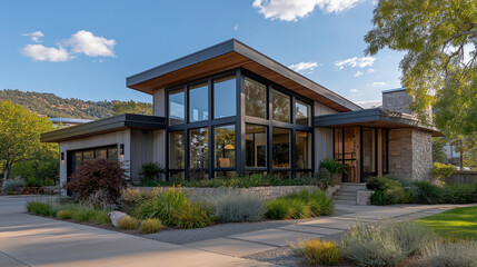 Modern Home's Luxurious Facade: A sleek, contemporary residence boasts a luxurious facade, showcasing architectural brilliance, large glass windows and stylish landscaping.