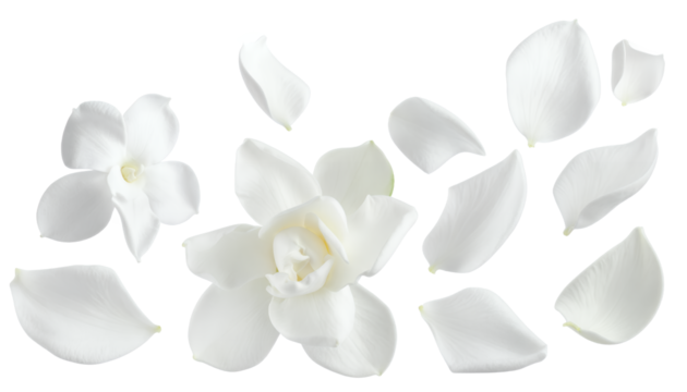 Delicate white gardenia flower petals scattered with a blooming gardenia blossom on a clean white background, representing purity and elegance