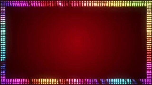 A retro-style multicolored LED pixel frame video clip featuring a glowing rainbow grid border set against a deep red gradient background, ideal for 8-bit gaming or disco overlays.