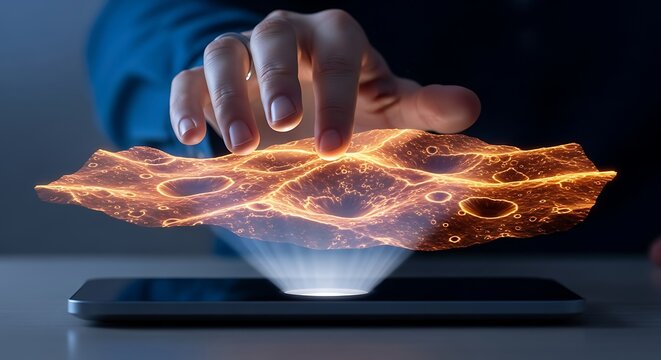 Hand Reaching Towards a Holographic Display of a Landscape Projected from a Smartphone