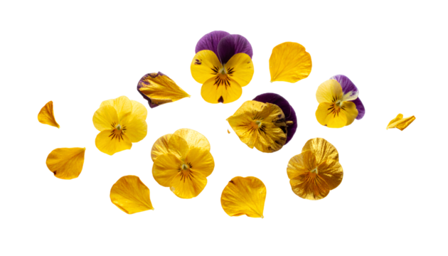 Scattered yellow and purple pansy petals on a white background, capturing the delicate beauty of nature's floral elements