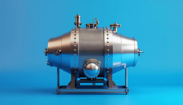 Highly detailed industrial metal pressure vessel or reactor on a stand against a solid blue background