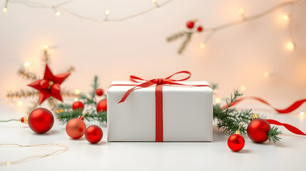 Wrapped Gift Box with Festive Christmas Ornaments and a Cozy, Warm Glow
