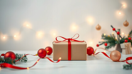 Festive Christmas background with a wrapped gift box, red ribbon, and sparkling holiday decorations against a backdrop of bokeh lights