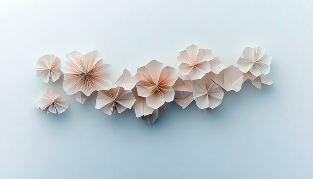 A delicate arrangement of folded paper flowers in soft peach and white hues, creating a floral garland against a clean, light blue-white backdrop.