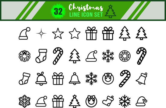 Christmas Line Icon Set with holiday symbols of festive season