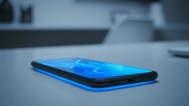 minimalist modern office scene featuring illuminated smartphone and blurred background elements