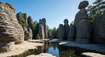 Unique weathered rock formations with a calm, reflective pool beneath