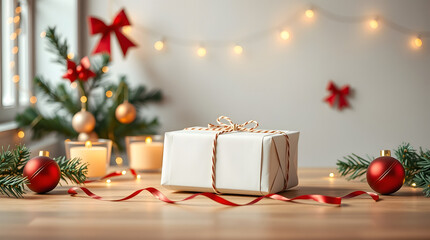 Festive Holiday Gift Wrapped for Christmas Joy with Lights and Ornaments