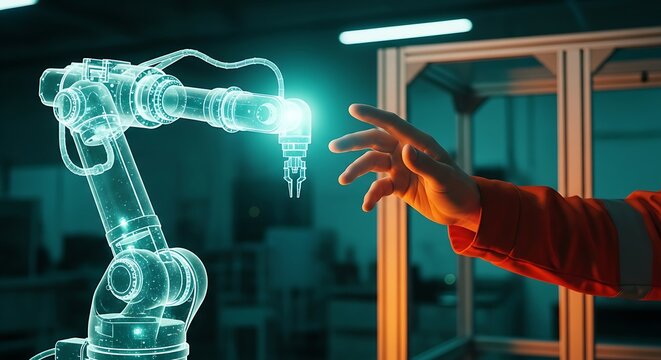 Advanced Robotic Arm Technology Interacting with Human Hand in Modern Industrial Setting