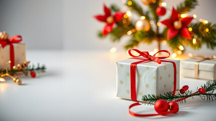 Beautifully wrapped Christmas gifts with festive red ribbons and sparkling holiday decorations, illuminated by soft fairy lights, creating a warm and joyful winter celebration scene