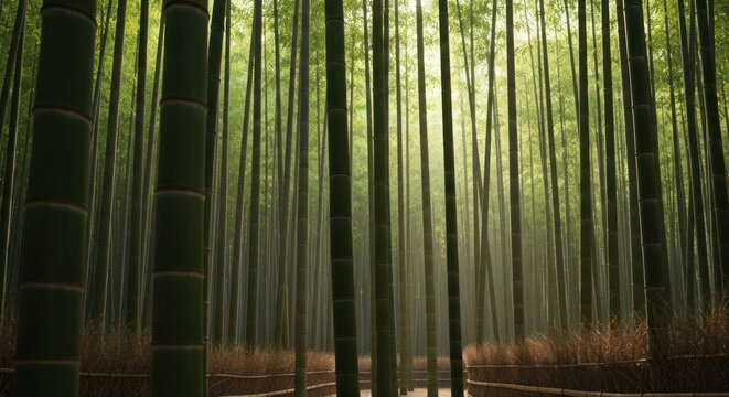 Sunlight streams through a dense bamboo forest creating a tranquil scene
